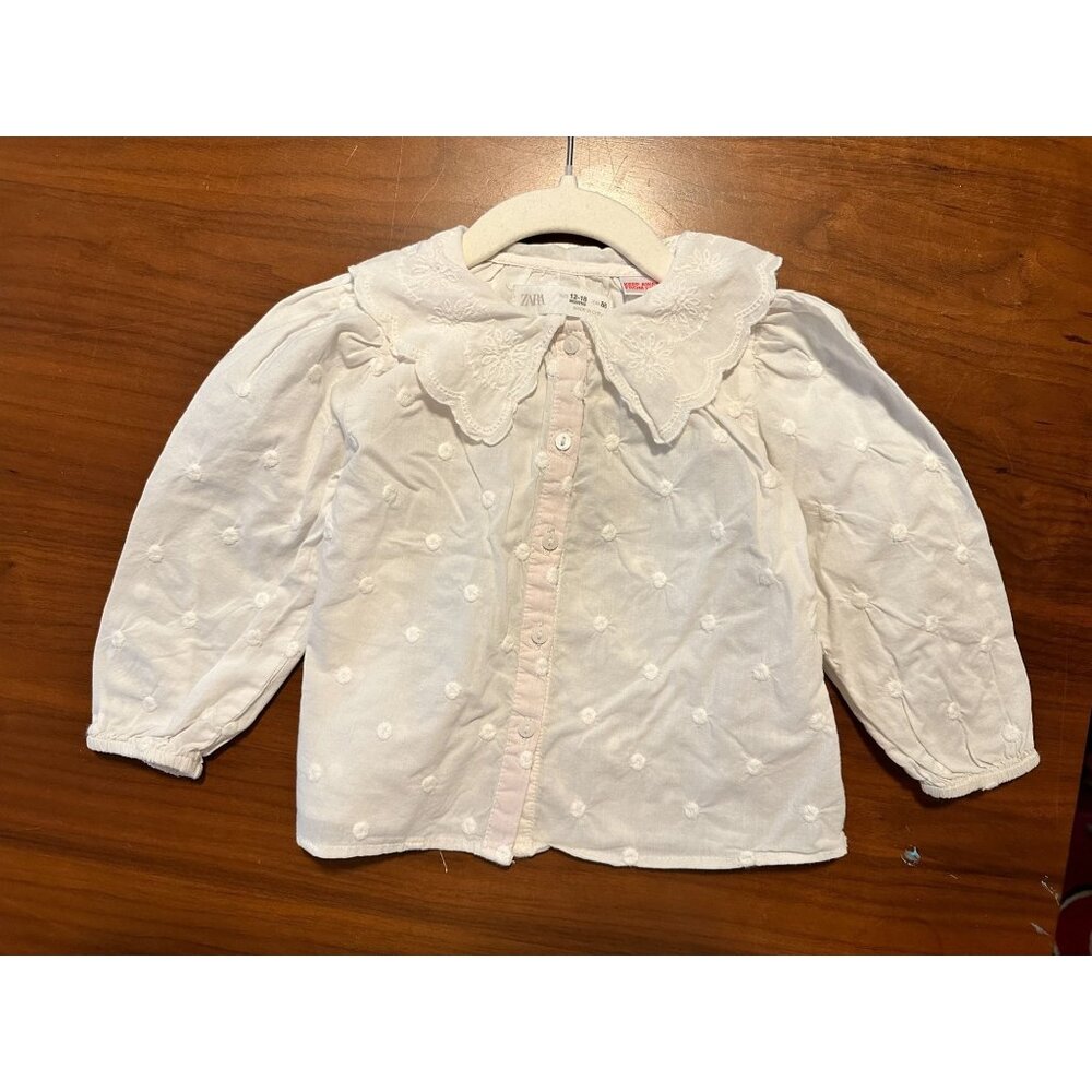 Zara Baby Girls White Long Sleeve Embroidered Collar Button-Up Blouse 12-18 Mont